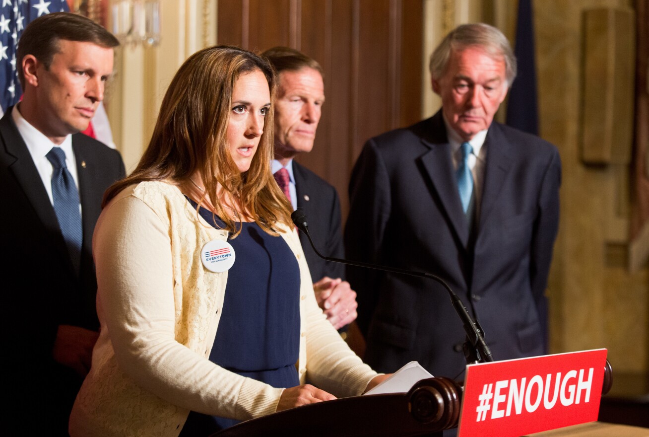 Tina Meins, the daughter of a San Bernardino shooting victim, calls for gun control legislation during a Senate press conference on Thursday.